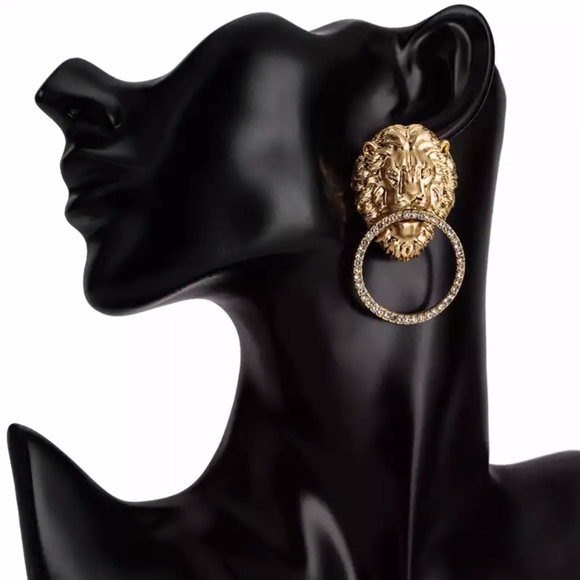 Lion Head Door Knocker Rhinestone Gold Earrings - Picture 6 of 8